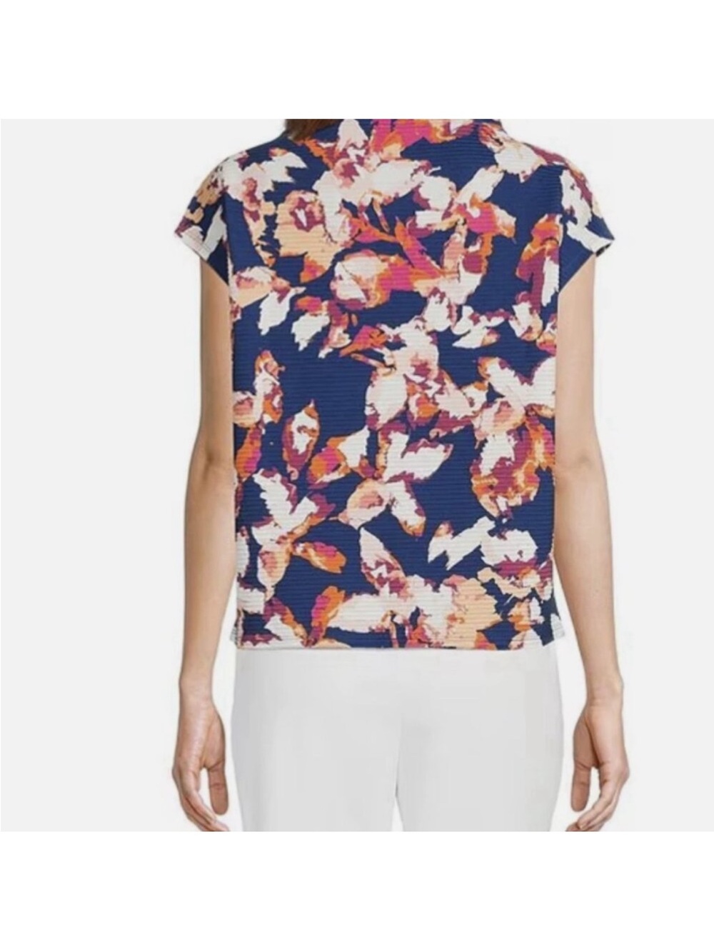 Investments Blue Floral High Neck Short Sleeve Top